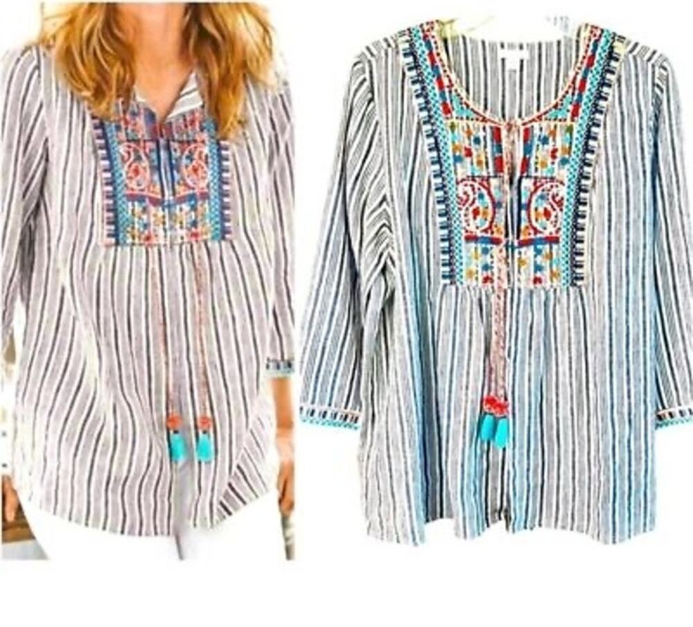 J.Jill Womens 2X Love Linen Boho Embroidered Hook Eye Front Striped Tunic Top